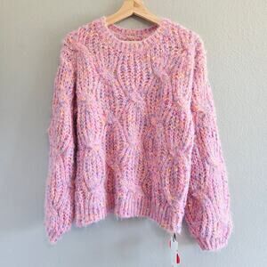 CIDER Pink Fuzzy Textured Cable Knit Sweater Pullover Yarn Rainbow Beans Small